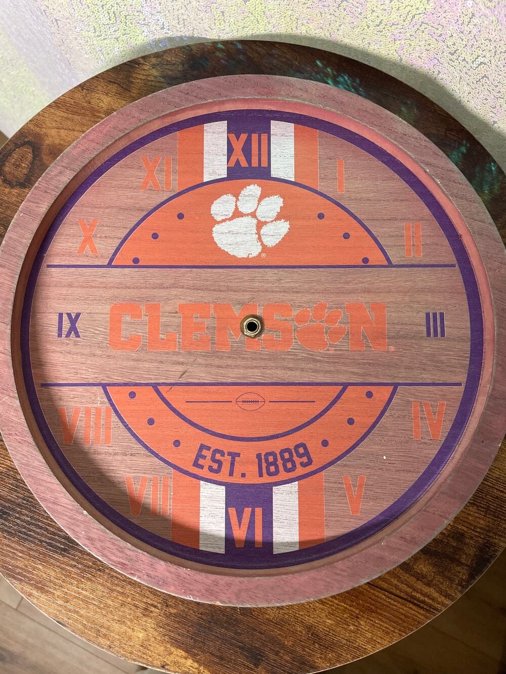 FOCO NCAA Clemson Tigers Barrel Wall Clock 12" Distressed Wood - No Hands